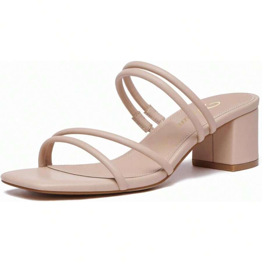 Athlefit Women's Strappy Block Chunky Heels Fashionable Square Open Toe Slip On Heeled Sandals