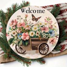 1 Peça Placa de Boas-Vindas Redonda de Madeira de 8 Polegadas com Design Floral e de Borboleta, Decoração de Parede Vintage. Adequado para Varanda, Casa, Entrada, Ótimo Presente para Decoração de Quarto de Amigos, Decoração de Jardim, Decoração de Casamento, Decoração de Casa