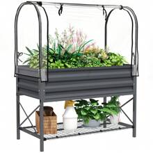 Outsunny Raised Garden Bed With Cover And Storage Shelf, Rectangular Metal Elevated Planter Box With Legs And Bed Liner - Dark Grey - View 2