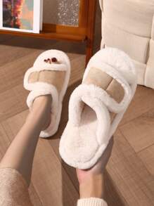 女士露趾拖鞋，钩环扣，柔软毛绒衬里，厚实防滑静音鞋底，适合室内地板 - 米色 - 查看 1