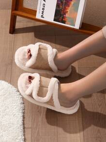 女士露趾拖鞋，钩环扣，柔软毛绒衬里，厚实防滑静音鞋底，适合室内地板 - 米色 - 查看 5