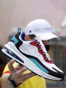 Zapatillas de deporte de malla transpirable, ligeras y con bloqueo de color para hombre, zapatillas de tenis antideslizantes, cómodas y a la moda, elementos de bloqueo de color de estilo clásico, adecuadas para deportes al aire libre, street dance, tenis, ejercicio, footing, fitness, citas, viajes y desplazamientos al trabajo. - Blanco - Ver 1