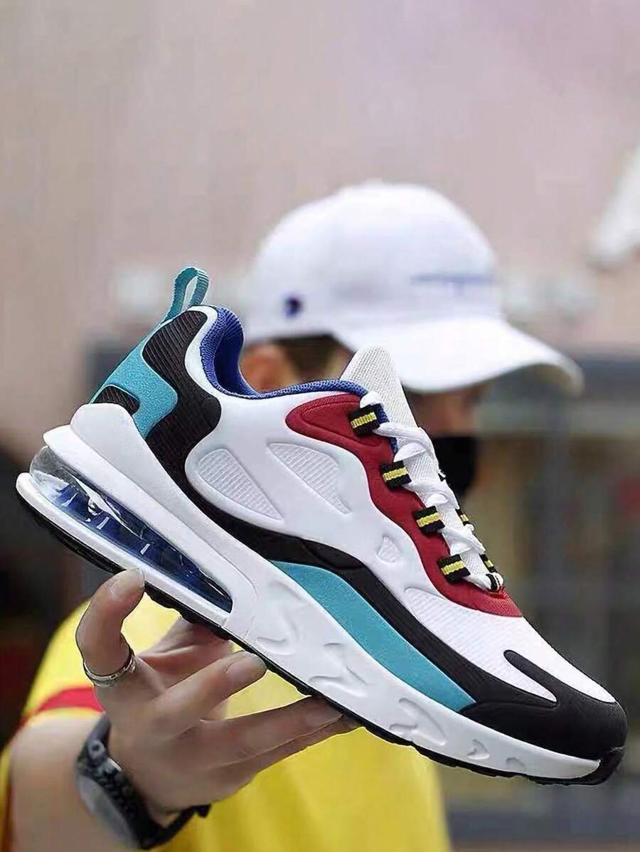 Zapatillas de deporte de malla transpirable, ligeras y con bloqueo de color para hombre, zapatillas de tenis antideslizantes, cómodas y a la moda, elementos de bloqueo de color de estilo clásico, adecuadas para deportes al aire libre, street dance, tenis, ejercicio, footing, fitness, citas, viajes y desplazamientos al trabajo. - Blanco - Ver 1