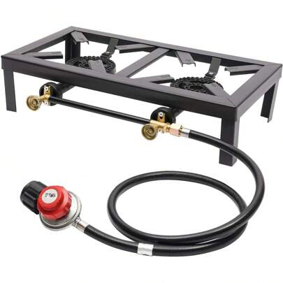 HOHOBLA Double Burner Outdoor Gas Stove Propane Cooker Portable Gas Cooking Stoves Black Square Gas Stove 2 Burners Gas Cooktops With Regulator Hose Independent Control Knobs For Outdoor Camping