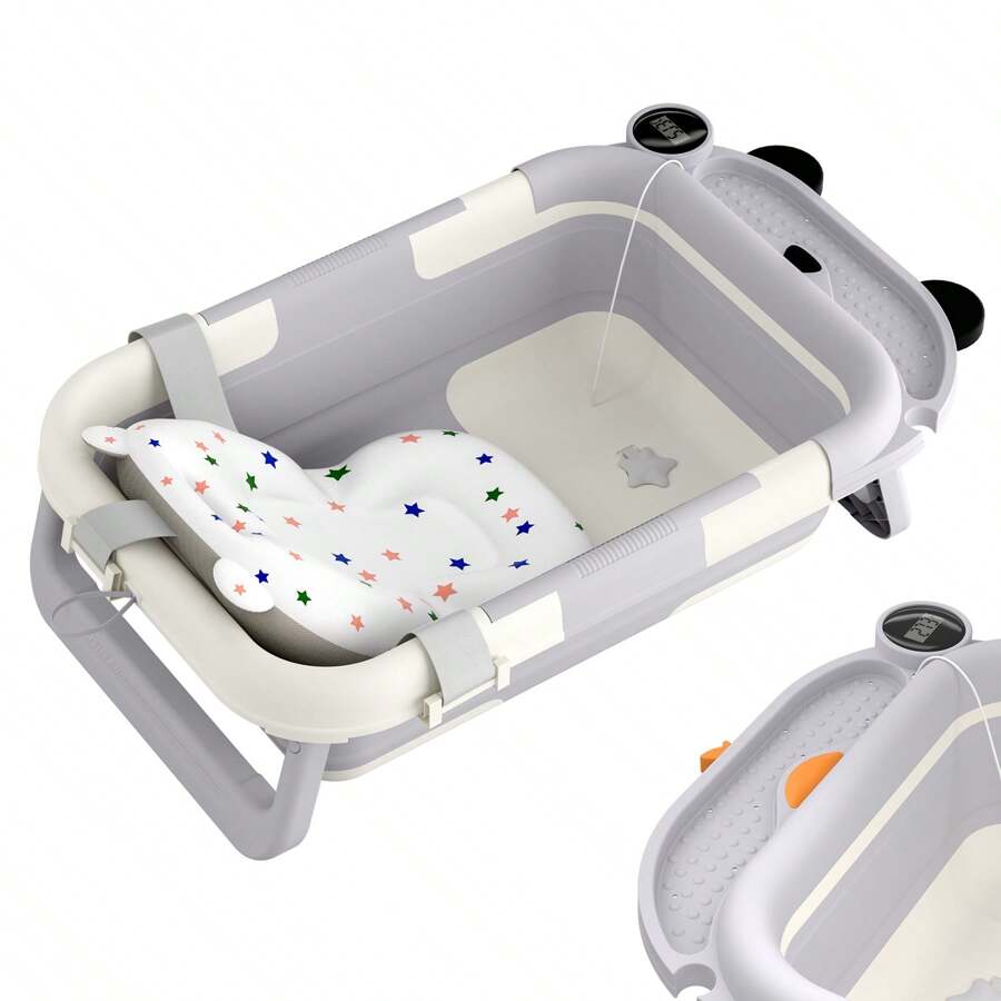 LILIIN Bañera plegable para bebé con termómetro y cojín de apoyo Bañera antideslizante para bebé Bañera de viaje portátil Bañera para bebé para recién nacidos hasta 12 meses