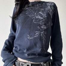Y2k Graphic Tees For Women Teen Girls Fairy Grunge Long Sleeve Shirts Tops Aesthetic Vintage 2000s Gothic Clothes Graphic Printed Gothic Tee Tops Slim Fit Aesthetic E Girl T Shirts Blouse - 藏蓝色 - 查看 1