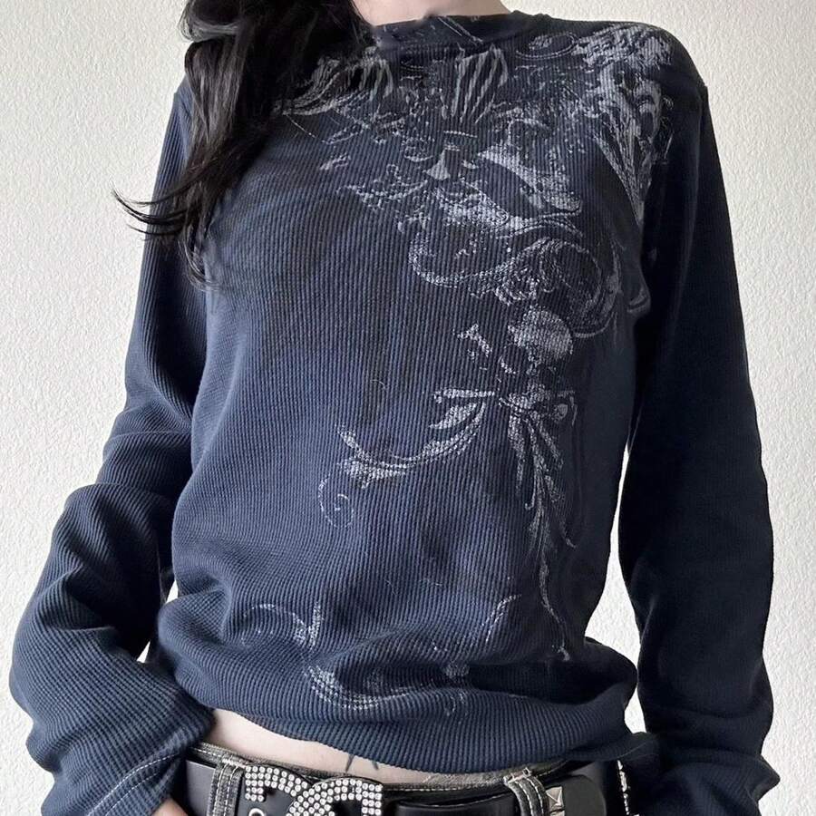 Y2k Graphic Tees For Women Teen Girls Fairy Grunge Long Sleeve Shirts Tops Aesthetic Vintage 2000s Gothic Clothes Graphic Printed Gothic Tee Tops Slim Fit Aesthetic E Girl T Shirts Blouse - 藏蓝色 - 查看 1