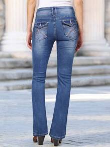 Women's Slim Fit Flared Jeans, Fashionable Flared Jeans With Embroidered Back Pockets, Elegant For Dating, Commuting, Casual Outing