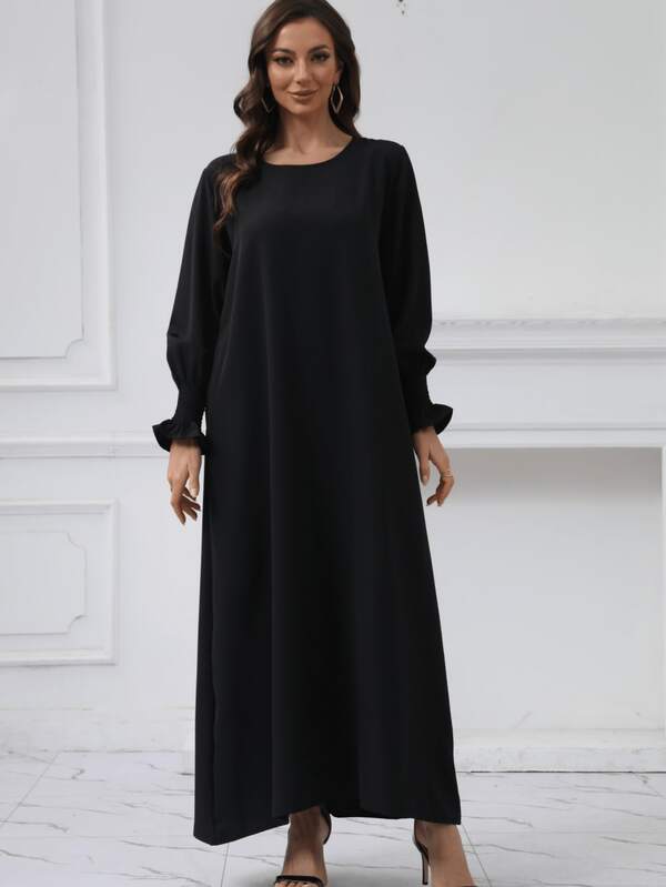 1 Piece Women's Casual Solid Color Long Sleeve Long Robe, Casual Plain Robe For Casual Daily/Travel/Holiday/Vacation,Women's Solid Color Round Neck Ruffle Long Sleeve Dress With Elastic Cuffs And Loose Hem Long Dresses,Modest