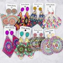 10 pares/paquete Pendientes de madera vintage con estampado colorido para mujeres, set de pendientes de pareja estilo bohemio variado para fiesta, boda, uso diario, regalos de joyería de moda, envío aleatorio
