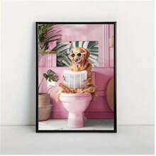 1PC Golden Retriever Reading On Toilet Canvas Print - Funny Bathroom Wall Art, Modern Retro Art Deco Dog Poster- Ink Art Medium - Animal Theme - Perfect Gift For Dog Lovers - Suitable For Living Room, Bedroom, Kitchen, Office(No Frame)