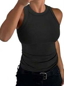 HIGHFINE Women's Ribbed Sleeveless Crewneck Summer Top Casual Base Strap Vest - 黑色 - 查看 1