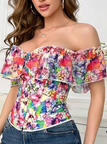 Women's Chiffon Printed Shaping Open Shoulder Blouse With Ruffle Sleeves - Multicolor - View 2