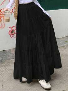 女士时尚纯色长裙，春夏 - 黑色 - 查看 1