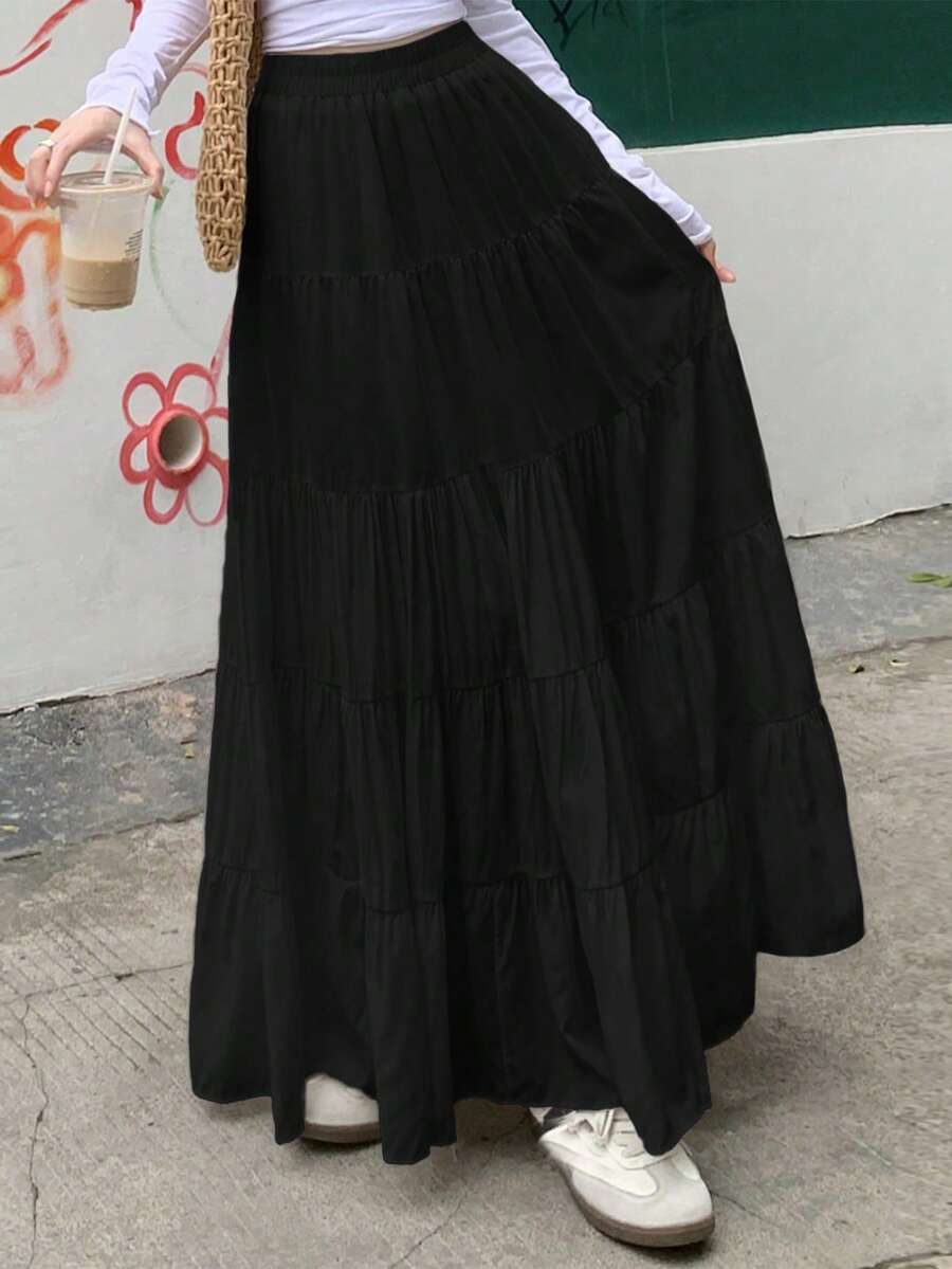 女士时尚纯色长裙，春夏 - 黑色 - 查看 1