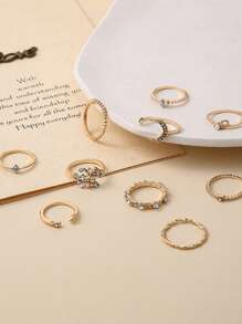 10pcs/Set Moon, Star, Leaf, Rhinestone, Pearl Decor Joint Rings, Boho Style Suitable For Women Daily Wear, Ideal Gift For Girlfriend, Best Friend, Party, Festival - Gold - View 2