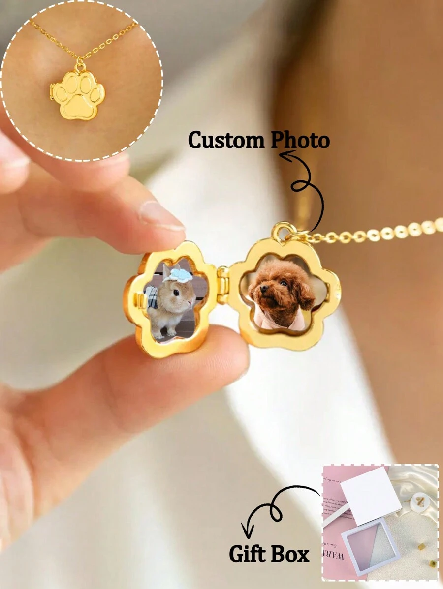 1pc Customized Photo Necklace, Gift Box Packaging, Stainless Steel Cute Cat Paw Print Photo Locket Necklace, Personalized Jewelry For Women, Family, Friends, Pets, Birthday, Memorial, Thanksgiving Gifts - Multicolor - View 1