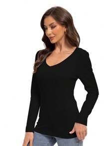HIGHFINE Women's Long Sleeve Shirt Sexy V-Neck Top Fit Tight T-Shirt Basic T-Shirt - 黑色 - 查看 4