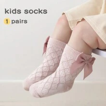 1 Pair Girls Waffle Knit Bow Mid-Calf Socks, Spring/Autumn
