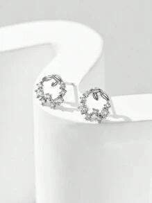 1 对 925 纯银镀铂金精致小银花环和叶子耳钉，闪亮简约时尚个性化镶嵌方晶锆石耳环，适合女性学生日常、派对、节日礼物 - 銀色 - 查看 2