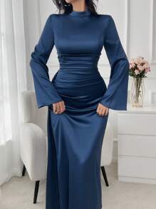Women's Elegant Robe Dress With Waist Ruffle, Long Sleeve Evening Gown, Spring/Summer