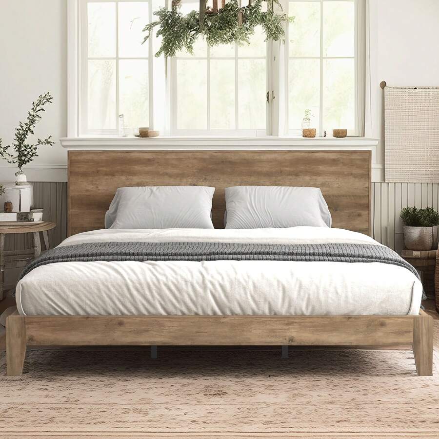 Galano Payne Levison Wood King Bed Frame With Headboard, Modern Platform Bed Frame With Wooden Slats Support, No Box Spring Needed, King Size, Knotty Oak Colour (80.5 In. W X 85.5 In. D X 40.3 In. H) - Cây sồi có nhiều nút - Xem 1