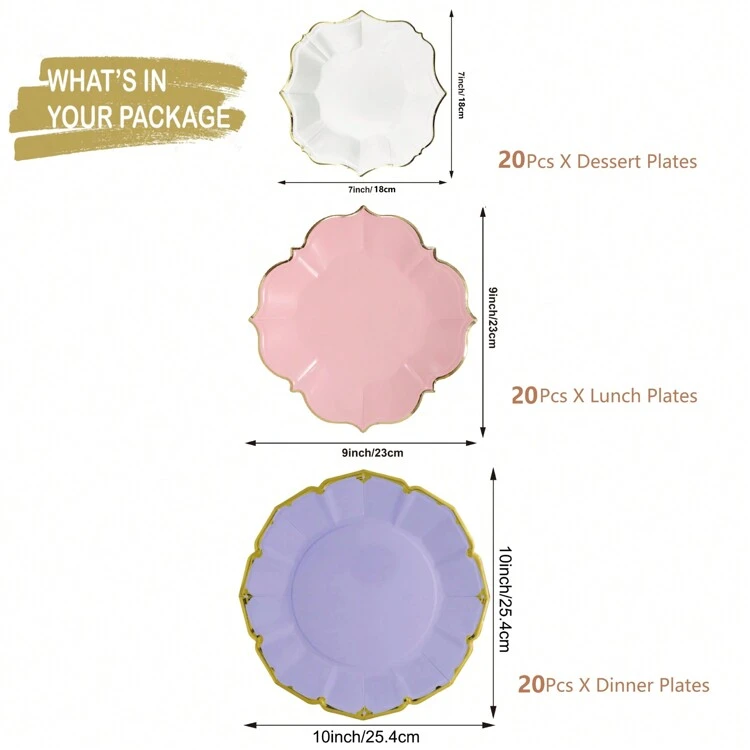 60 Peças Pratos de Festa Brancos, Rosas e Roxos - Pratos de Papel Descartáveis Grossos - Brancos, Rosas e Roxos com Borda Dourada, Incluindo 20 Peças de Pratos de Sobremesa Brancos, 20 Peças de Pratos de Almoço Rosas e 20 Peças de Pratos de Jantar Roxos, Adequados para Chá da Tarde, Casamento, Páscoa e Outras Ocasiões. - Branco Rosa Roxo - Visão 2