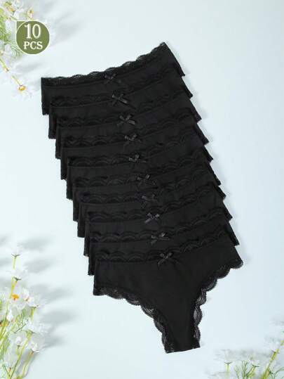 10pcs,Women's Thin Black Lace Splicing Thong,Young Girls Fashion Sexy Romantic Bow Lace Panties Thong Panties,Comfortable Soft Breathable Thong Combo Set