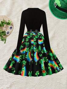 Vintage St. Patrick's Tag Muster Rundhals Taille hoch Patchwork Langarm A-Linie Kleid mit Schleife - Minzgrün - Übersicht 3