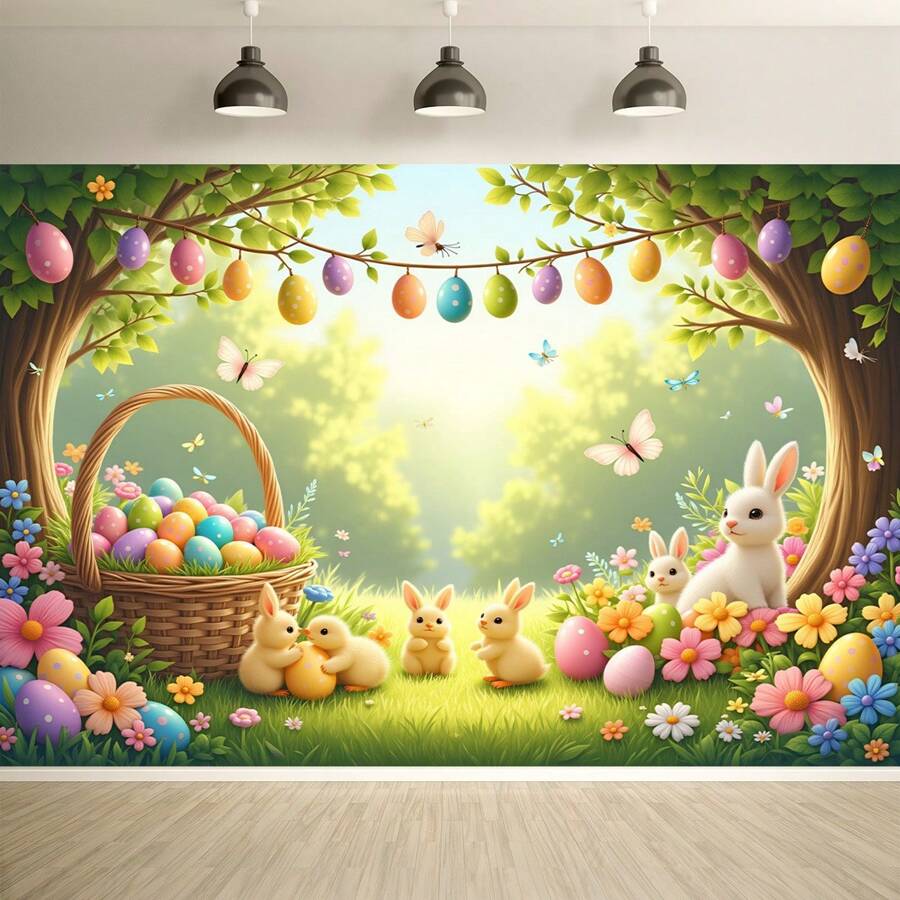 1 DRIHANCO Banner de fondo de fibra de poliéster para Pascua, con escenas de jardín con huevos de Pascua coloridos y conejos, adecuado para decoración universal de eventos de Pascua, apto para uso interior y exterior