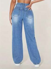 Women's High Waisted Boyfriend Baggy Jeans Straight Leg Casual Denim Pants - 中等水洗藍 - 查看 4