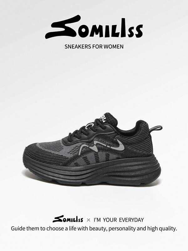 somiliss 1 Pair Women's Sports Style Anti-Slip Sneakers, Lace-Up Breathable Elastic Mesh Casual Running Shoes, Fashion Versatile 5cm Heel, Low-Top Outdoor Walking Shoes, Black, Summer