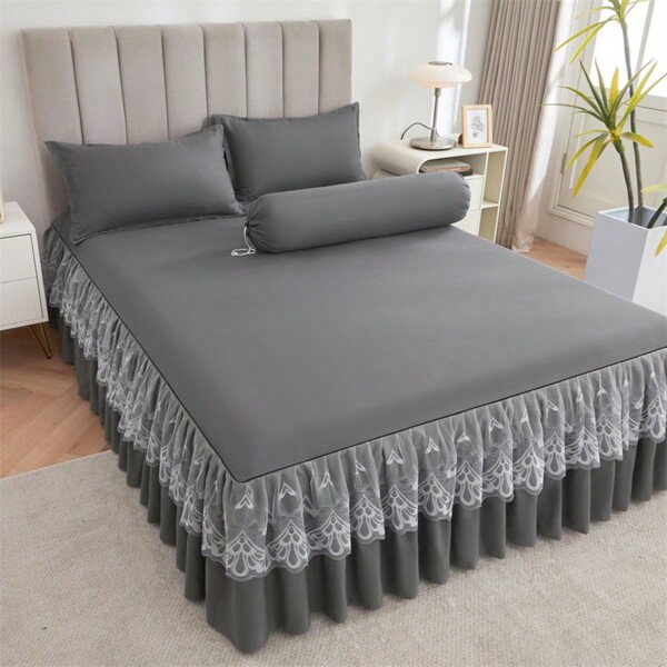 1 Stück eleganter Spitzen Bettvorleger, einfarbige weiche staubabweisende Tagesdecke für alle Jahreszeiten, Große Größen, rutschfestes Bettlaken, Schlafzimmer Dekoration (Bettvorleger x1, ohne Kissenbezug)