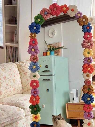 50-Piece Set Of Finished Handmade Crochet Puff Flowers, Mirror Transformation Material Edging, Full-Length Mirror Decorative Flowers, Creative Handmade Floor Mirror Frame Decoration, Purely Hand-Woven, Suitable For Clothes, Umbrellas, Curtains, Air Conditioner Pipe Patches, And Beautification