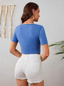 Women Lace Splicing T-Shirt, Short-Sleeved T-Shirt, V-Neck Top, Crop Tops, Solid Color T-Shirt - 藍色 - 查看 2