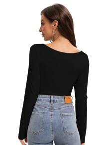 HIGHFINE Women's Long Sleeve Shirt Sexy V-Neck Top Fit Tight T-Shirt Basic T-Shirt - 黑色 - 查看 2