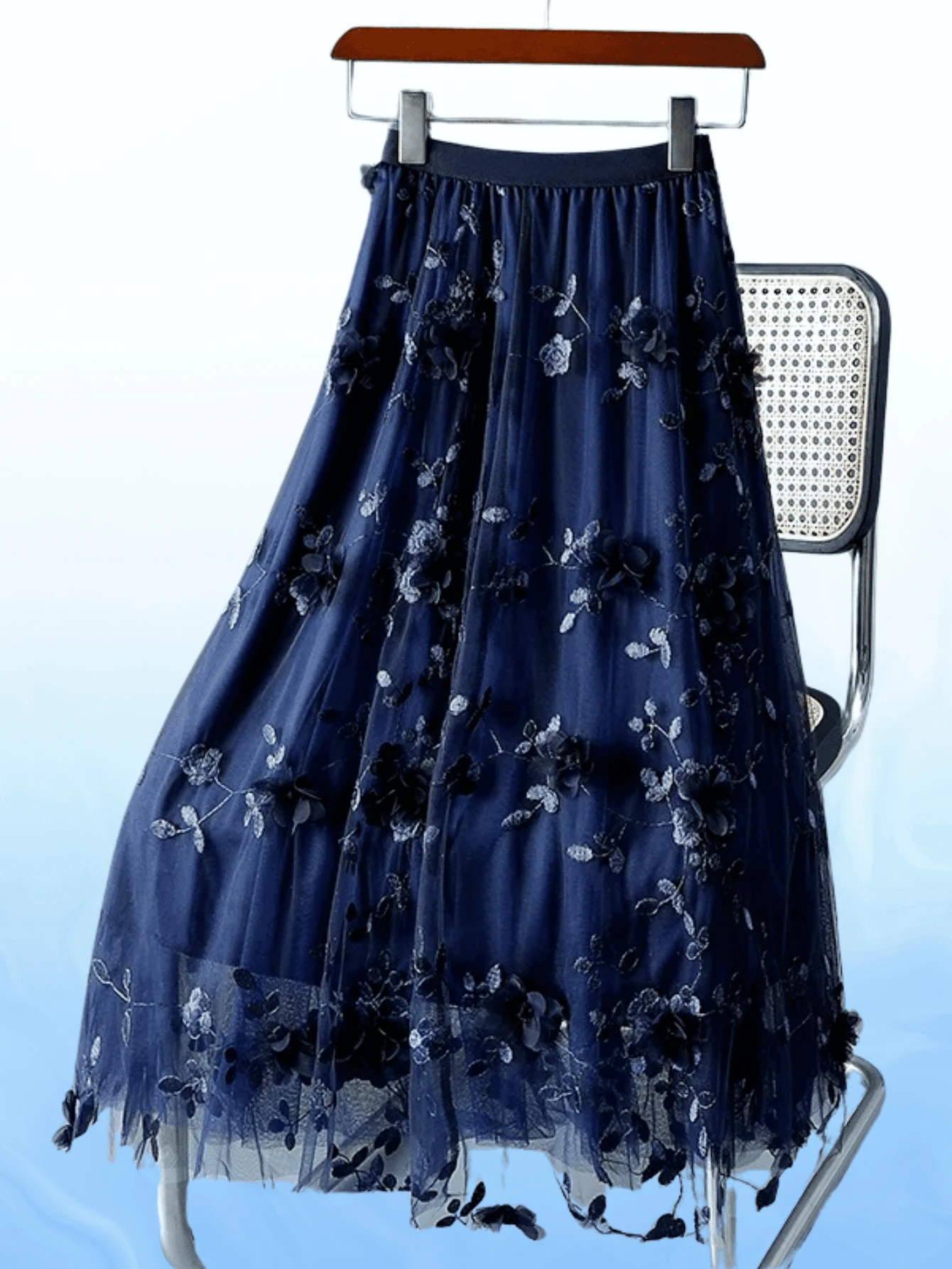 Summer Three-Dimensional Floral Elegant Tulle Skirt - 藏蓝色 - 查看 1