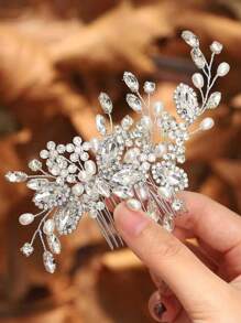 1pc Crystal Headpiece, Bridal Wedding Comb, Faux Pearl Hair Accessory For Women & Girls, Hair Accessories