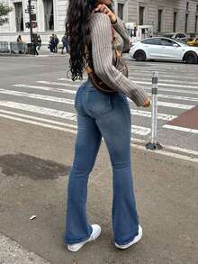 European And American Fashionable And Versatile Washed Mid-Waist Elastic Slim Fit Ripped Denim Flared Pants - Dark Wash - View 3