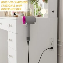 VOWNER 46" Large Vanity Table With Lighted Mirror & Power Outlet, Makeup Vanity Desk With Glass Top, 14-Bulbs Large Mirror, 3-Color Modes & Brightness Adjustable, 11 Drawers For Storage, Come With Soft Stool & Hair Dryer Rack, Vanity Set Gifts For Girls Women, Halloween & Thanksgiving - Gương toàn màu trắng - Xem 6