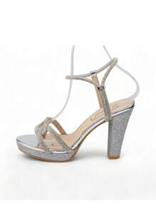 Sandalen mit gekreuzten Riemen und Blockabsatz, stilvolle Sandalen, Sommer-Sandalen für Frauen - Silber - Übersicht 4
