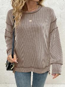 女式大码长袖衬衫秋季罗纹宽松大码运动衫休闲侧开衩束腰上衣 - 卡其色 - 查看 4