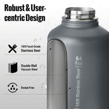 OneTigris Tactical Half Gallon Water Bottle With Straw - 64 Oz Vacuum Insulated Stainless Steel Water Jug, Leakproof Sport Bottle With 3 Lids, Paracord Handle & MOLLE Water Pouch For Outdoor - 灰色 - 查看 3