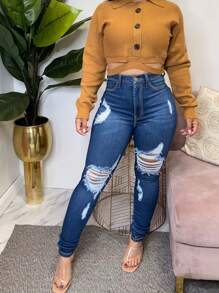 Modieuze distressed denim jeans voor dames, casual skinny broek geschikt voor uitjes en alle seizoenen, herfst/winter