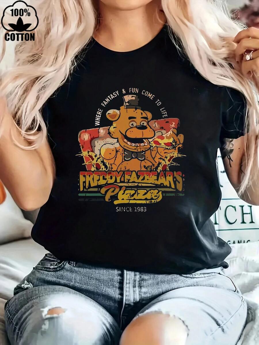 Happy Valentine'S Day Women's Funny Pizza Branch Five Nights At Freddys T-Shirt, Women's 220g Round Neck Casual Heavy Pure Cotton T-Shirt (1 PC)