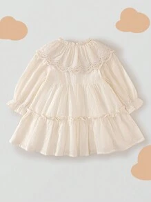 1 pièce Robe longue à manches longues avec col en dentelle pour filles, style français, printemps