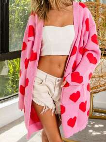 Women's Loose Knit Sweater Long Sleeve Drop Shoulder Open Front Heart Print Cardigan Fall Coat - 粉色 - 查看 2