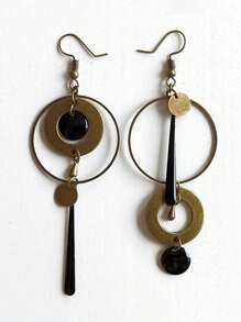 1 paire de boucles d'oreilles vintage bohème en métal bronze rond style steampunk, avec pendentif asymétrique noir blanc en tige, longues boucles d'oreilles pendantes pour femmes - boucle d'oreille - Voir 1