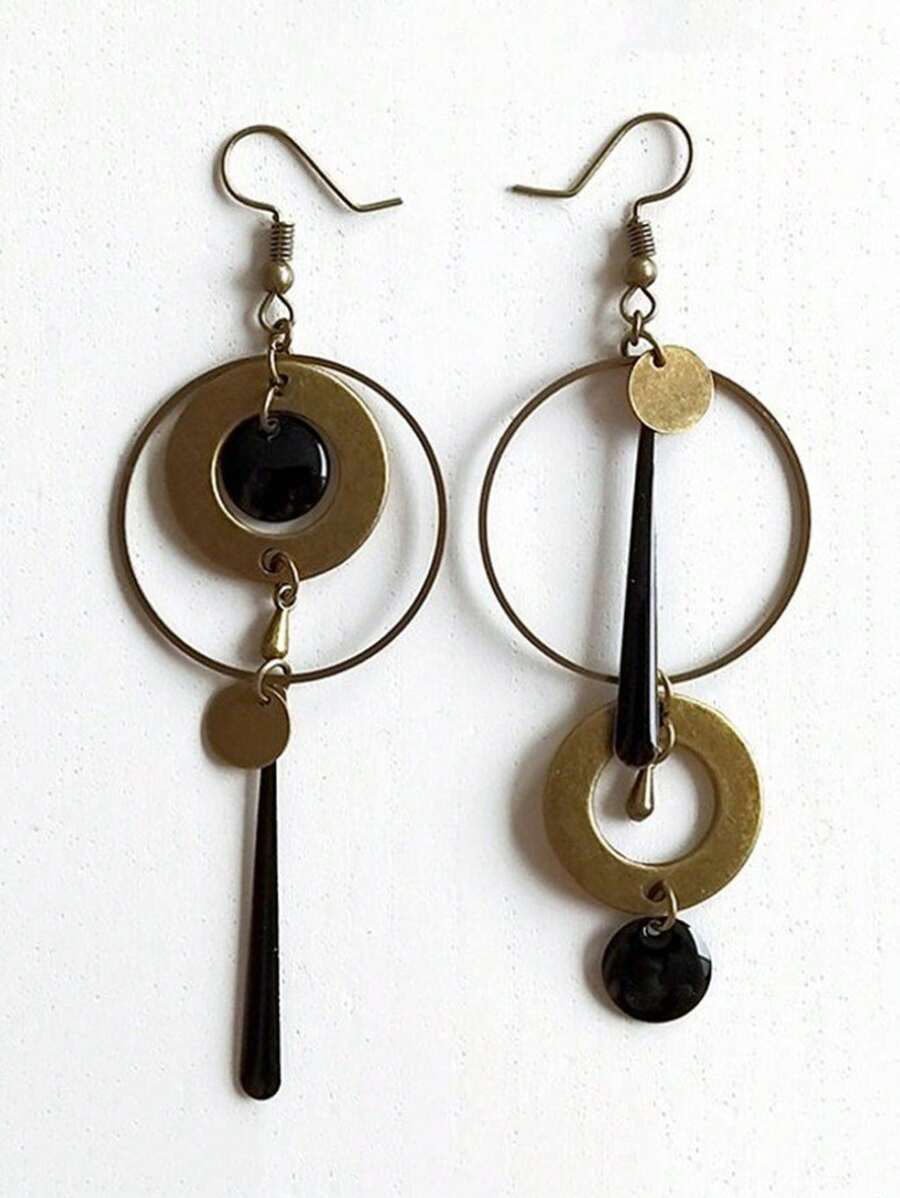 1 paire de boucles d'oreilles vintage bohème en métal bronze rond style steampunk, avec pendentif asymétrique noir blanc en tige, longues boucles d'oreilles pendantes pour femmes - boucle d'oreille - Voir 1