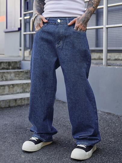 Men's Blue Straight Fit Washed Denim Jeans, High-End Minimalist Versatile Button & Zipper Casual Pants, All Seasons